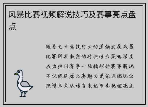 风暴比赛视频解说技巧及赛事亮点盘点